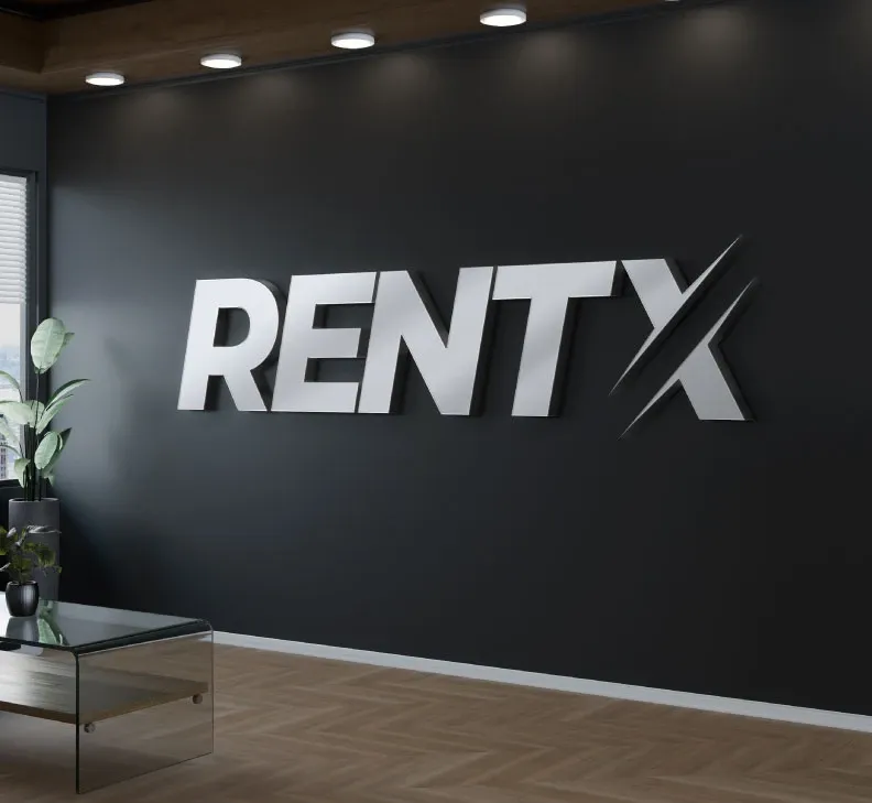 Rental company brand signage on the reception wall of a modern office